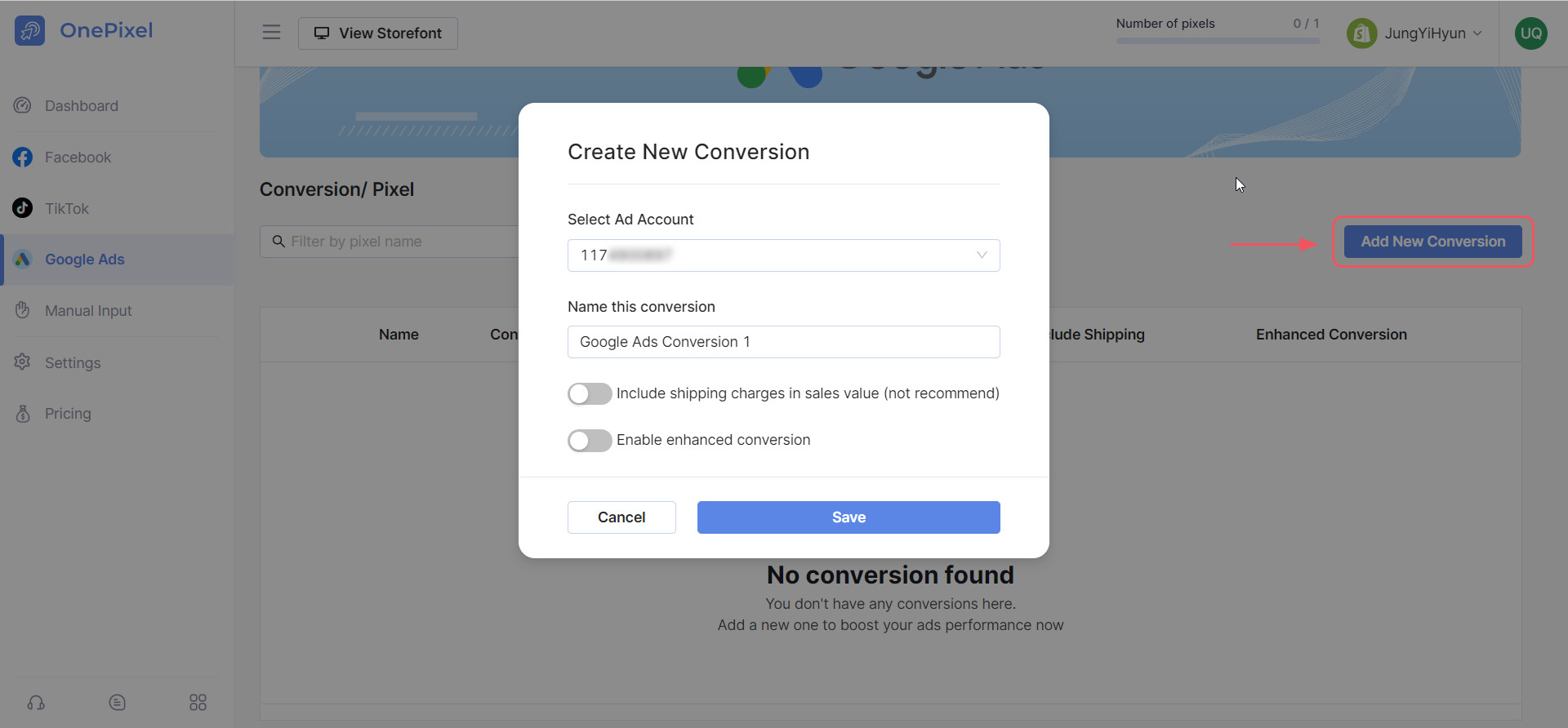 Create new Google Ads Conversion with OnePixel