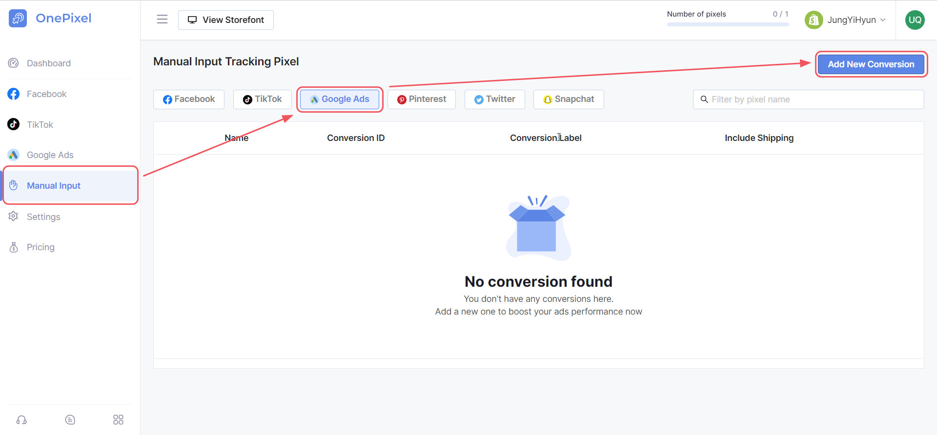 Manually input Google Ads conversion with OnePixel